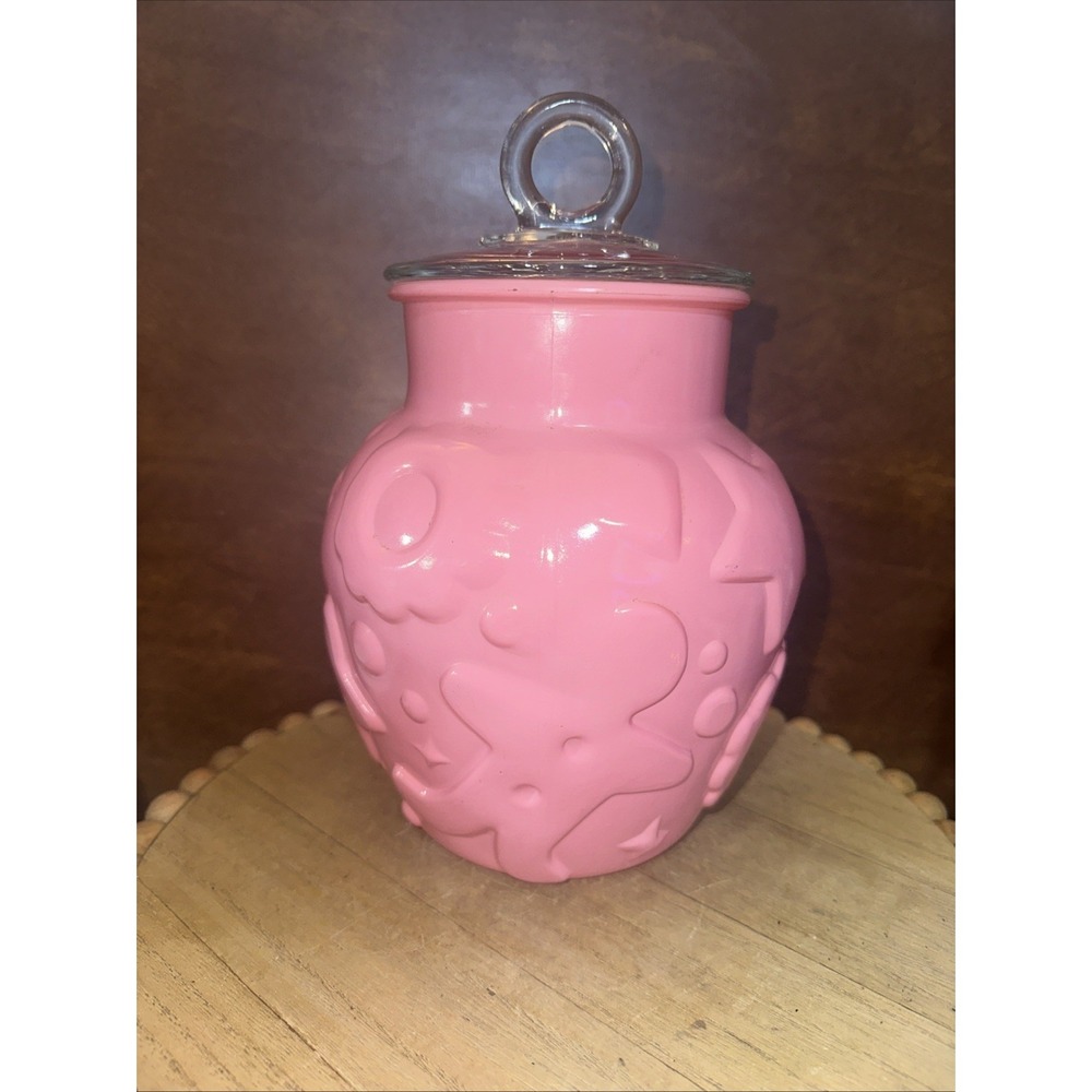 Vintage Hazel Atlas Gingerbread Man Cookie Jar Pink / Clear lid -1960